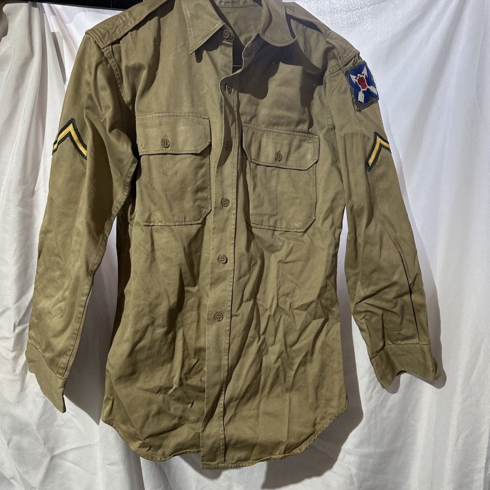 VTG 50s US Army Khaki Cotton Twill Uniform Shirt Size 16x32 1957 21st Army Corps
